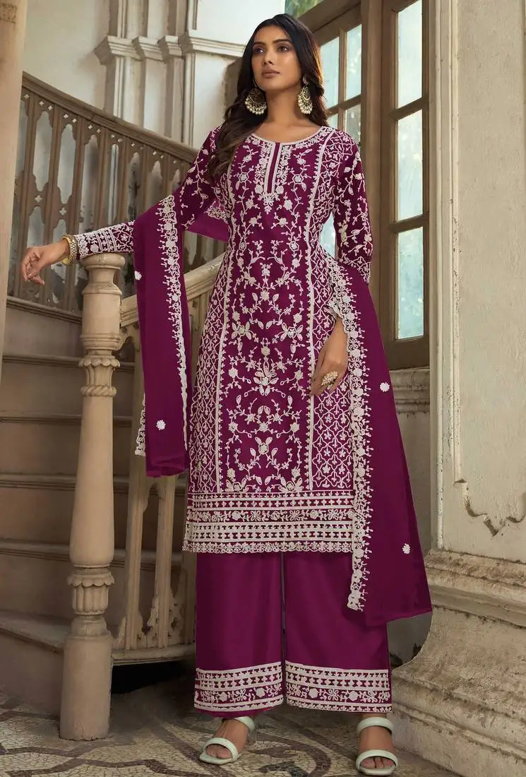 Purple embroidery & sequins work net straight palazzo suit - semi-stitched semi stitched