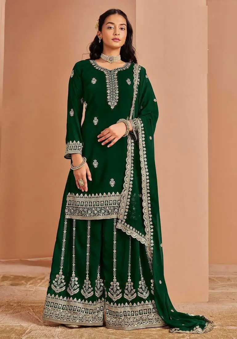 Green embroidery & sequins work georgette straight palazzo suit - semi-stitched semi stitched