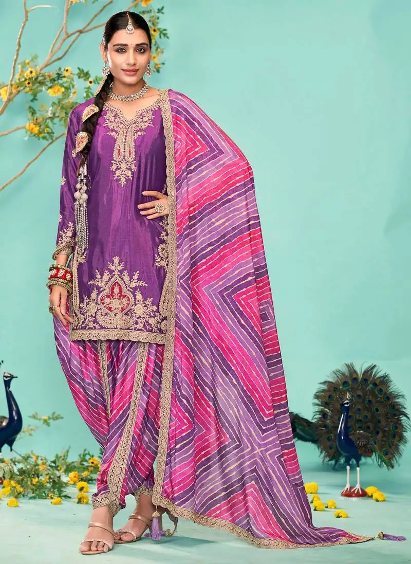 Purple embroidery, sequins & digital print work chinnon straight dhoti suit - free size stitching (size upto 42") stitched