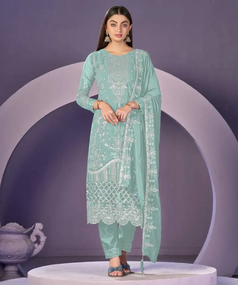 Mint purple color embroideried faux georgette semi stitched salwar suit