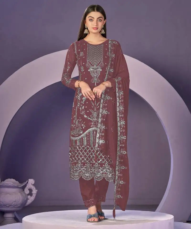 Dark-coral embroidered faux georgette semi stitched salwar suit