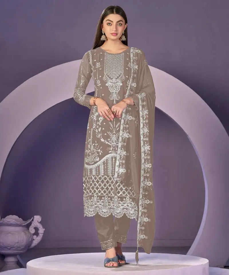 Chiku color embroidered faux georgette semi stitched salwar suit