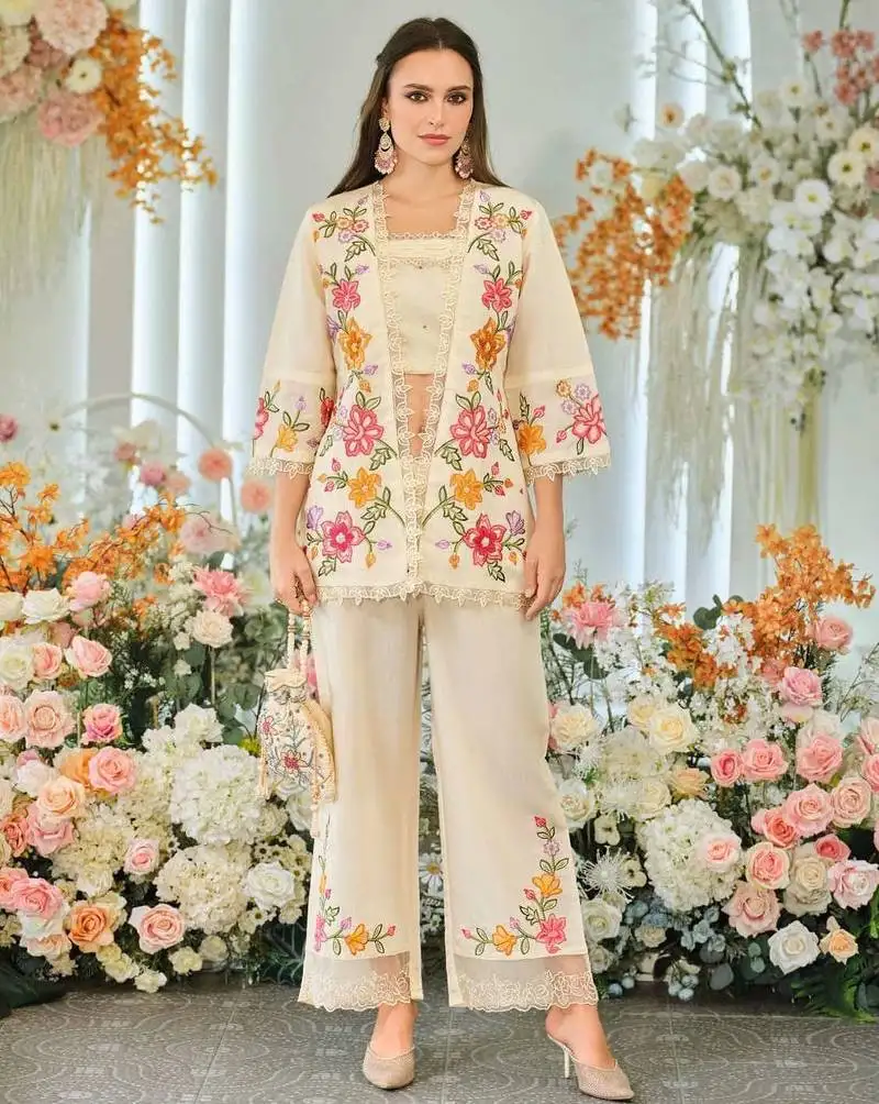 Cream indowestern crop top, jacket and palazzo set stitched