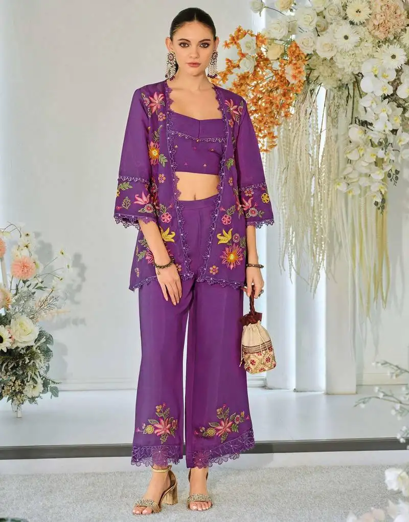 Dark purple indowestern crop top, jacket and palazzo set stitched