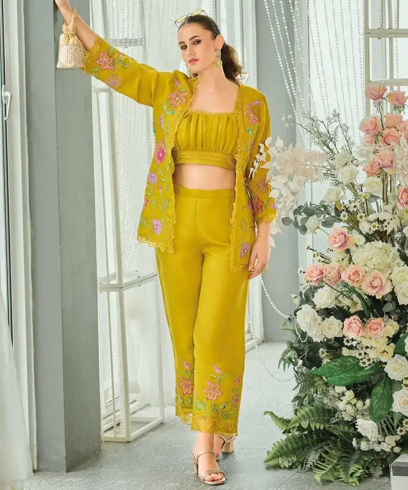 Lemon green indowestern crop top, jacket and palazzo set stitched