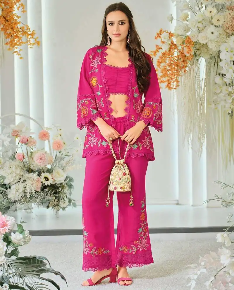 Dark pink indowestern crop top, jacket and palazzo set stitched