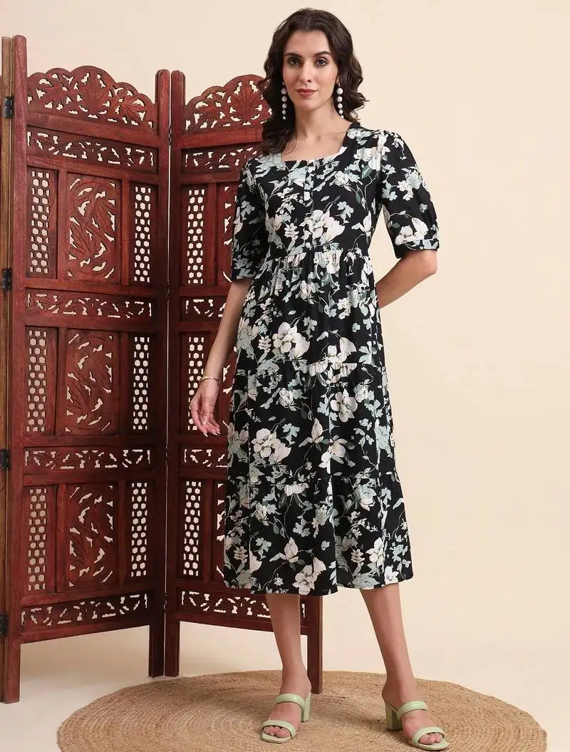 Aayumi printed black fit and flare maxi dress