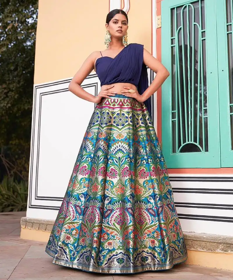 Banarasi silk lehenga set with zari weaving & stitched blouse-dupatta