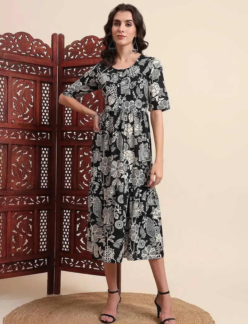 Aayumi black floral printed fit and flare maxi dress