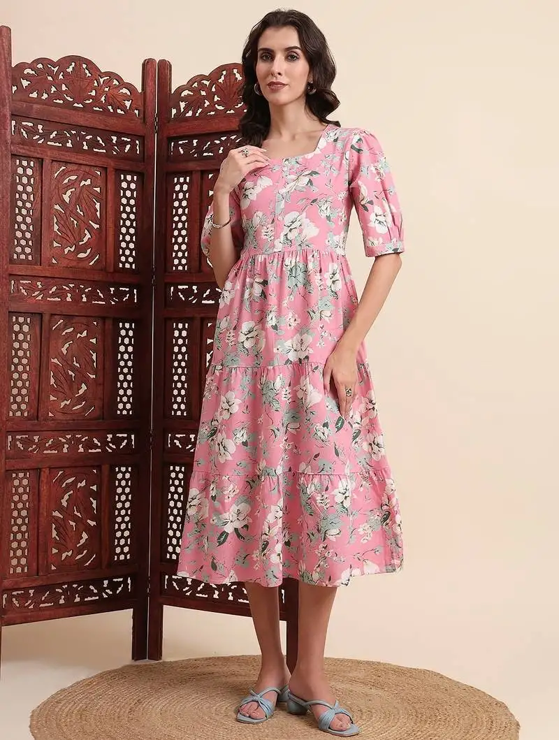 Aayumi pink floral printed fit and flare maxi dress