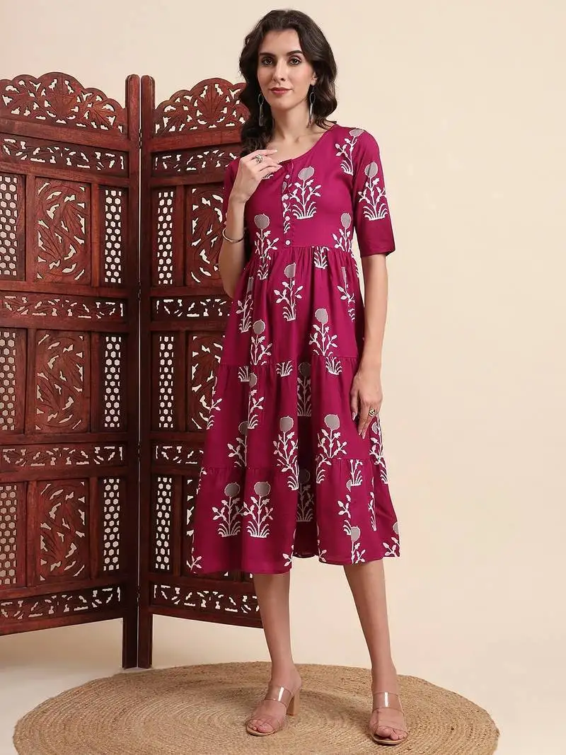 Aayumi new magenta floral printed flared maxi dress