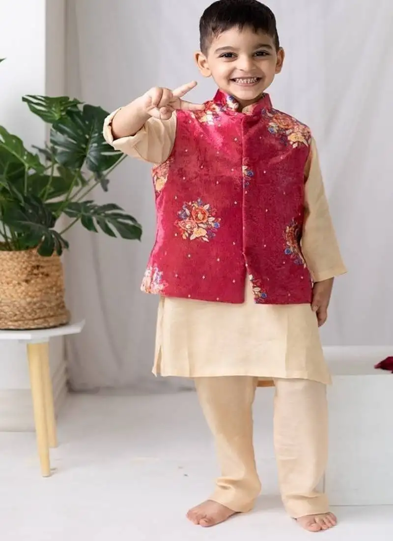 Red printed cotton nehru jacket set