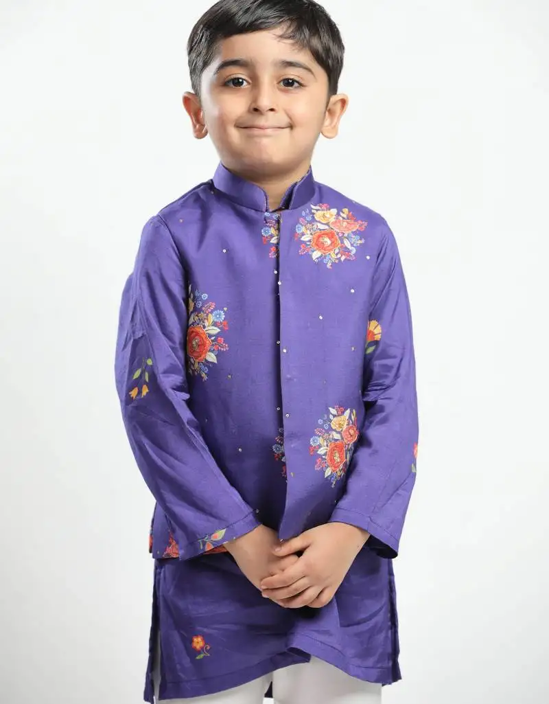 Purple printed cotton nehru jacket set