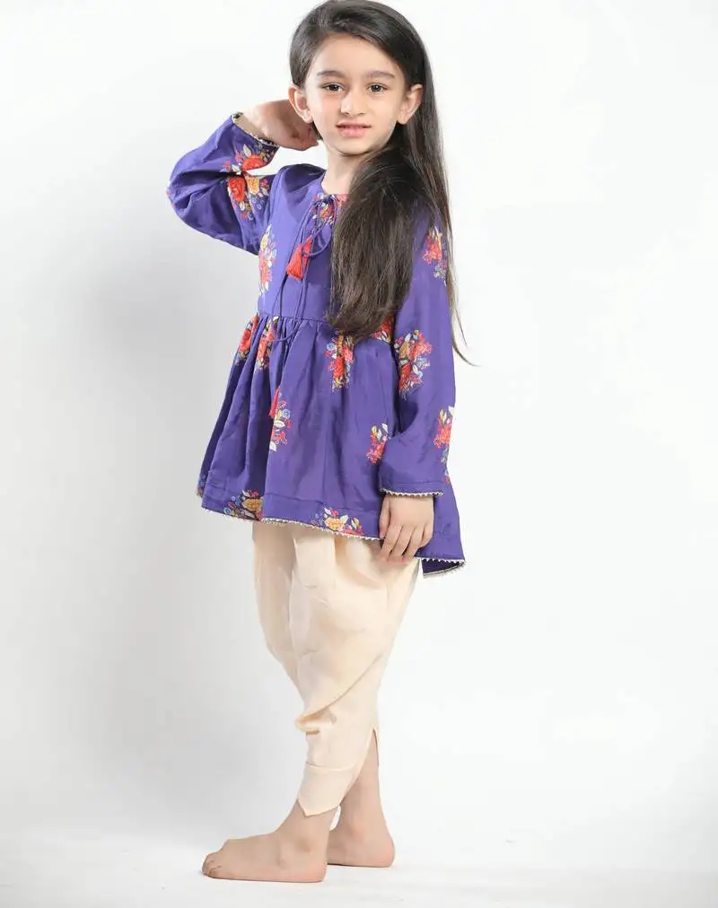 Purple printed cotton kurta set