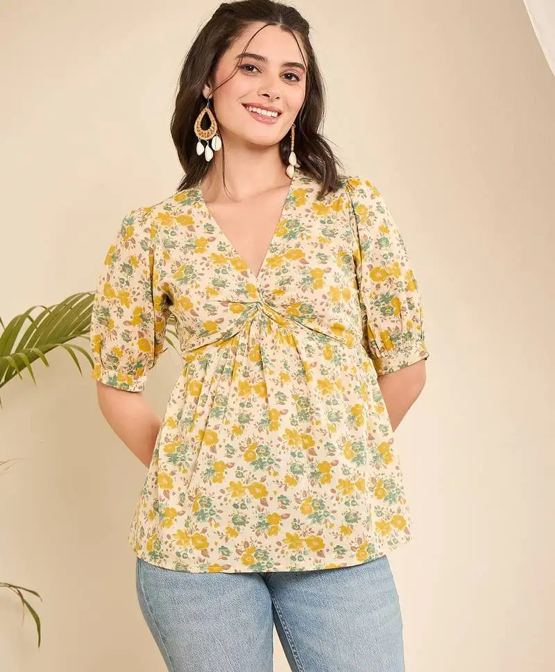 Yellow cotton floral empire waist top