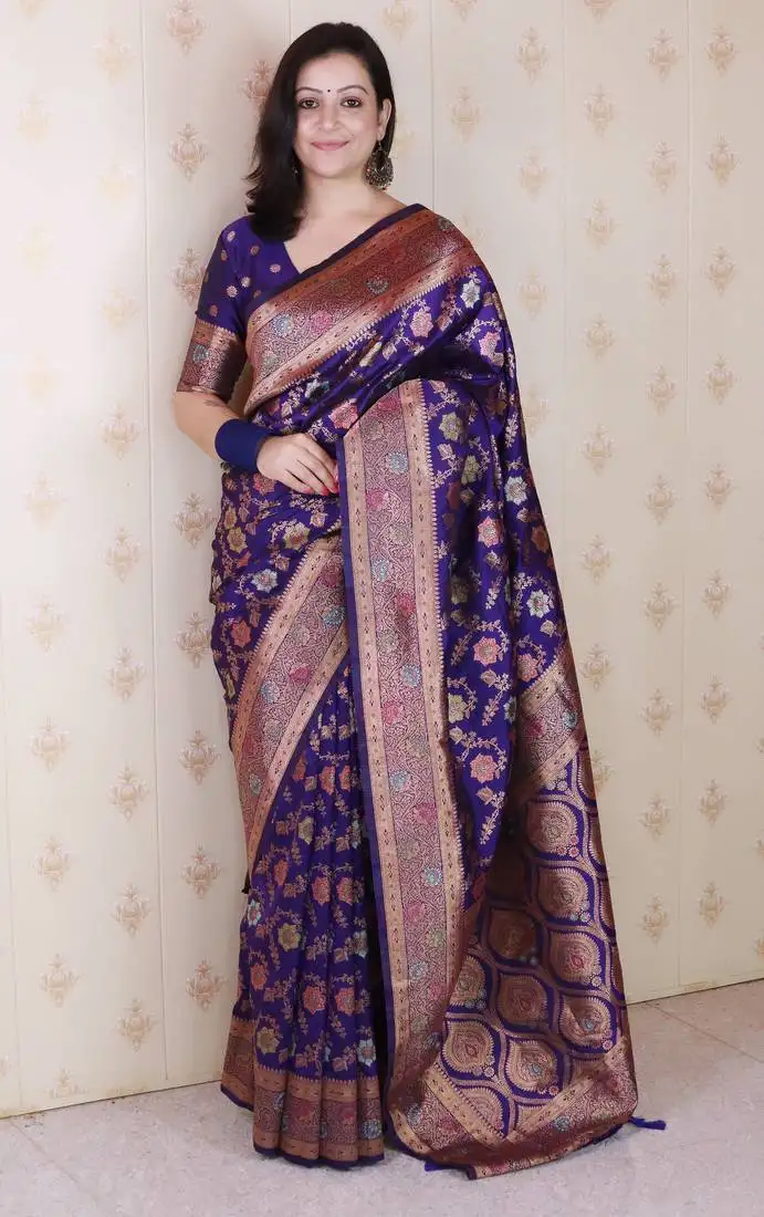 Violet banarasi jaal silk blend gold zari meenakari woven saree