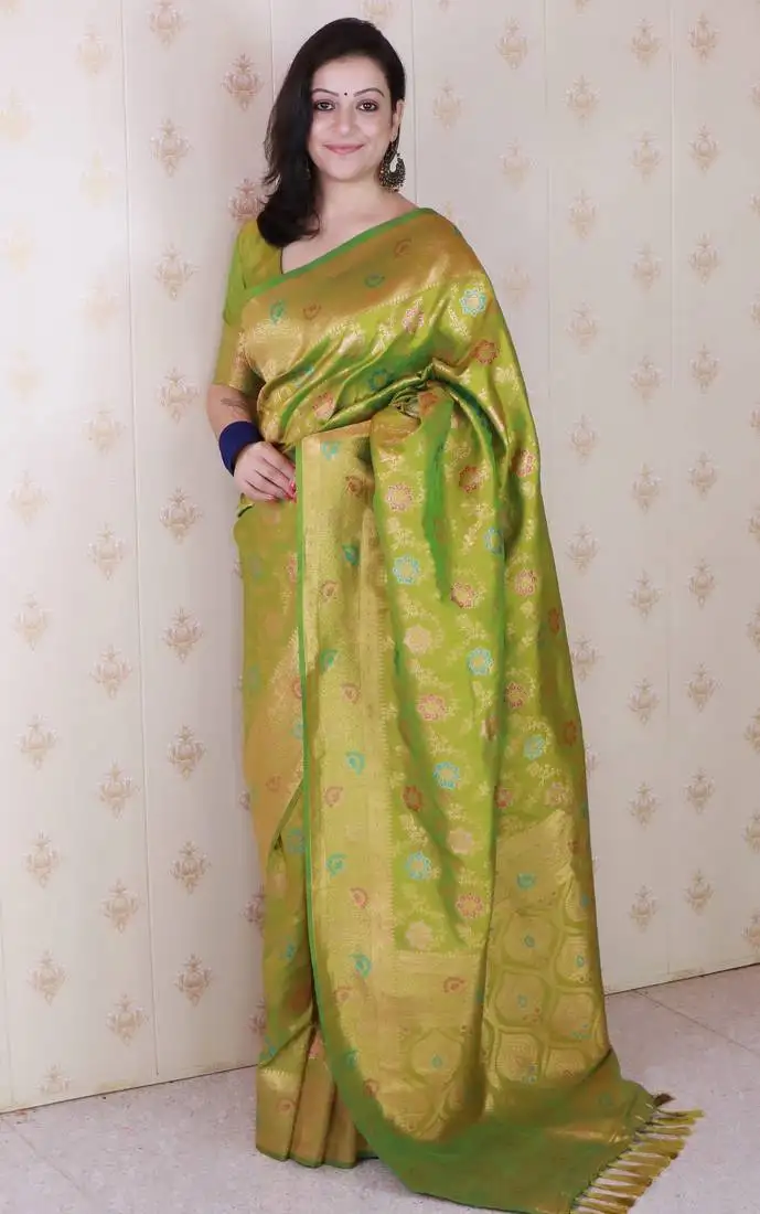 Mehendi green banarasi jaal silk blend gold zari meenakari woven saree