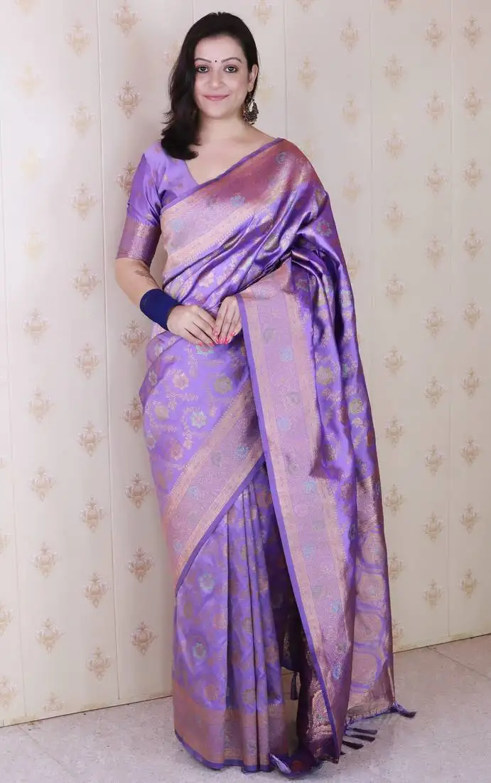 Lavender banarasi jaal silk blend gold zari meenakari woven saree