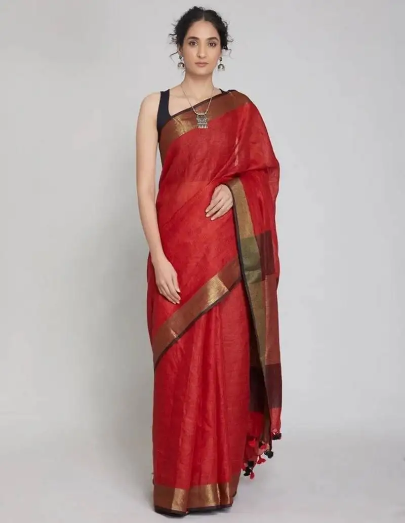 Maroon handwoven linen saree with gold zari border
