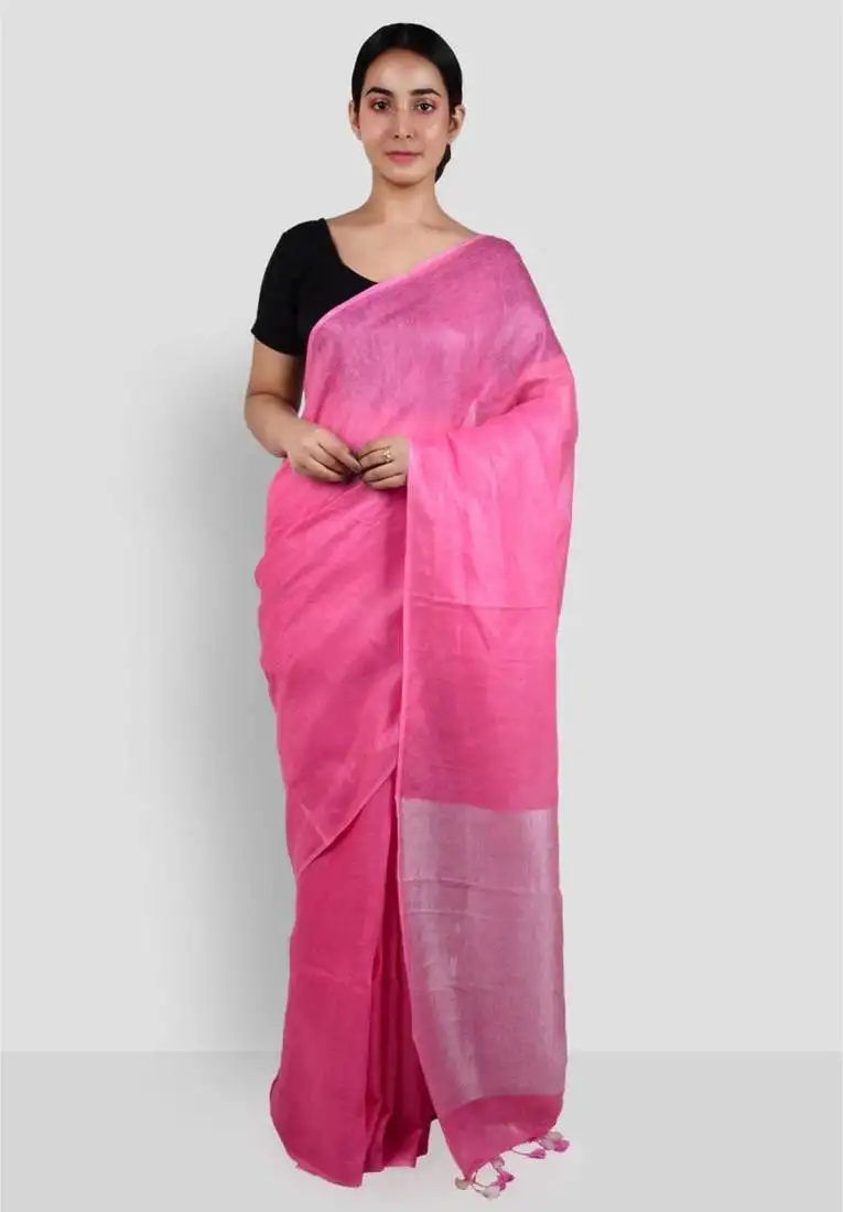 Handwoven pink linen saree