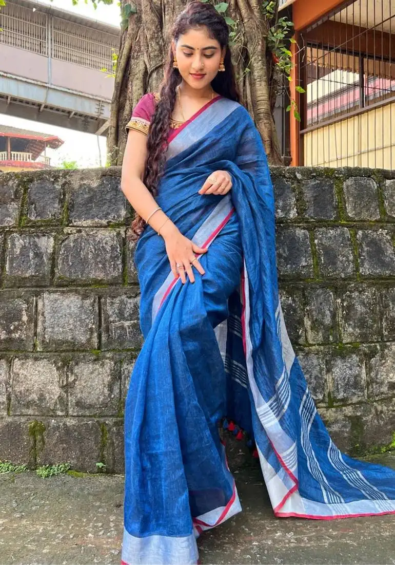 Handwoven blue linen saree