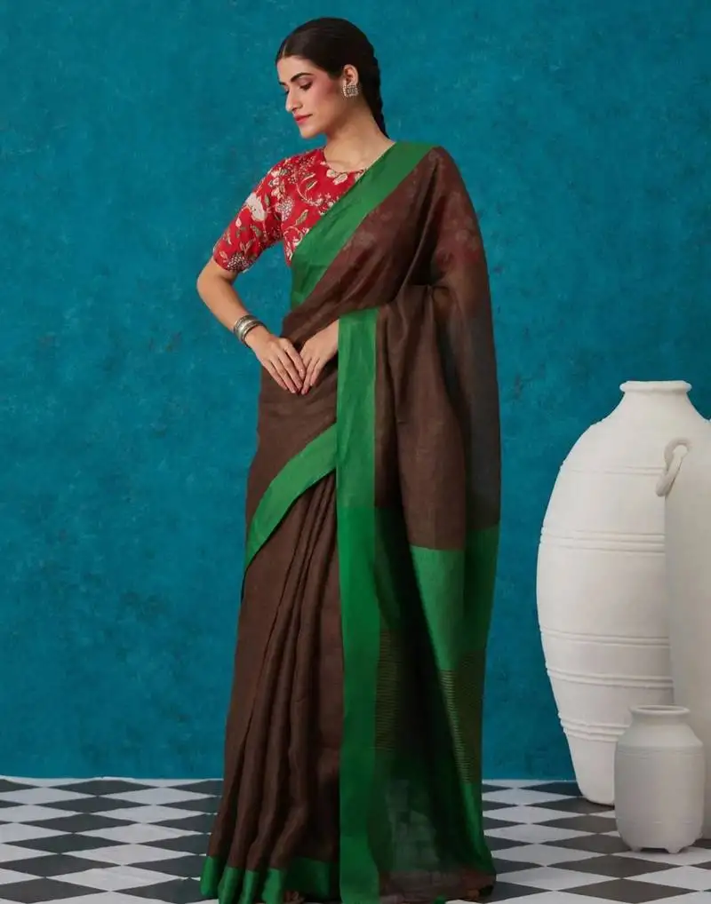 Handwoven brown linen saree