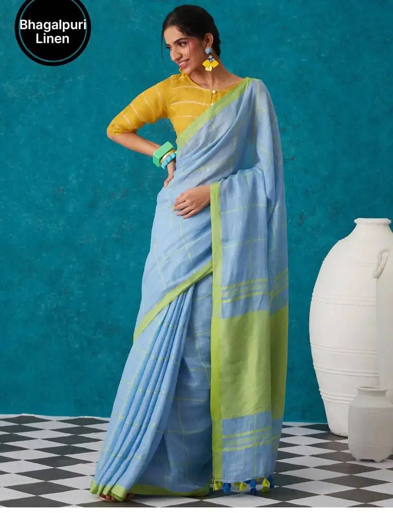 Handwoven light blue checks linen saree