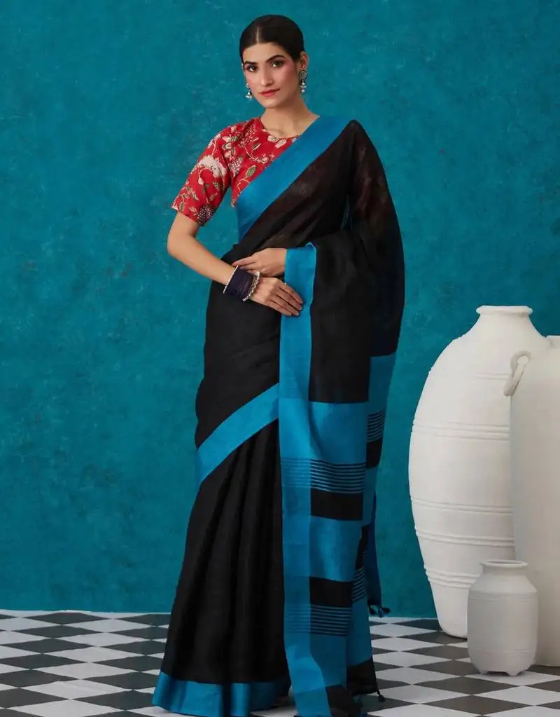 Handwoven black linen saree