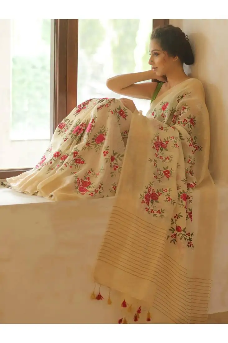 Ivory handwoven embroidered silk linen saree