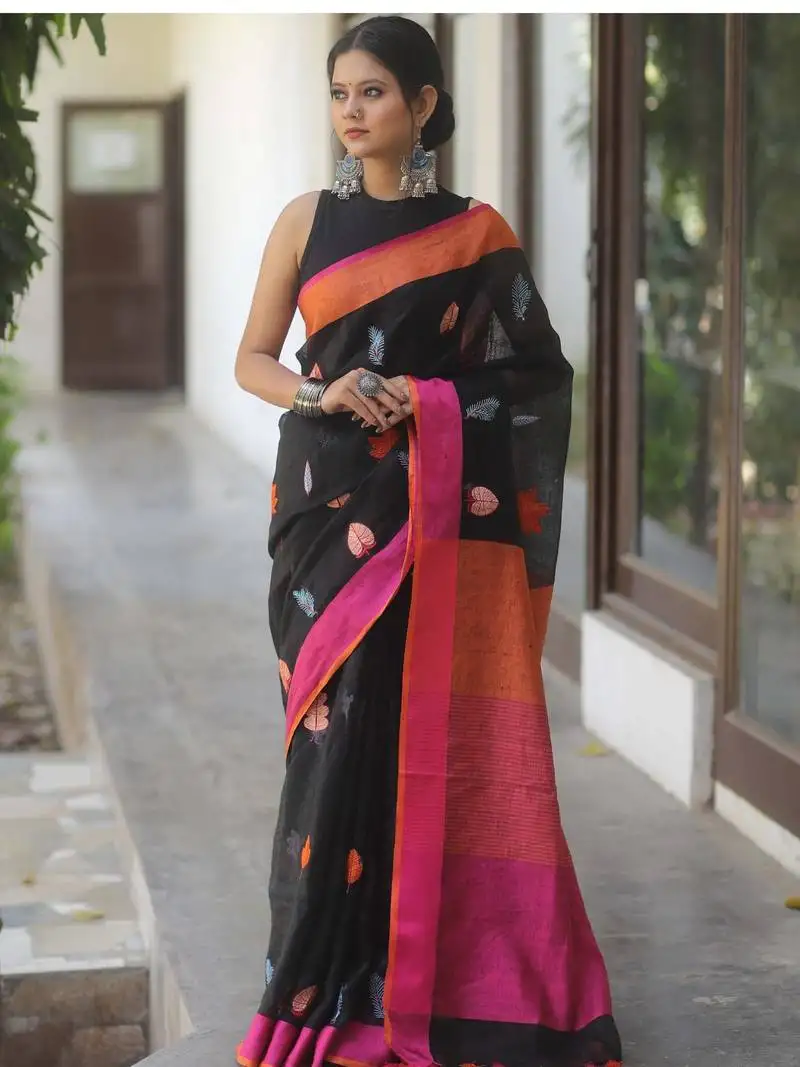 Black handwoven embroidered linen saree