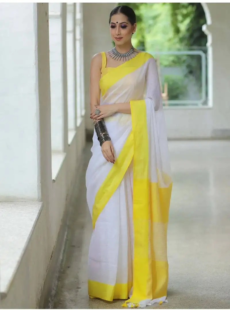 Handwoven white linen saree