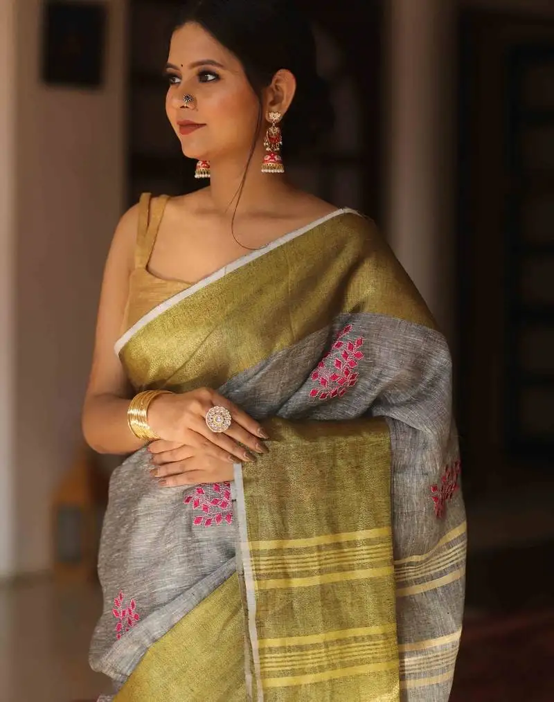 Handwoven grey embroidered saree