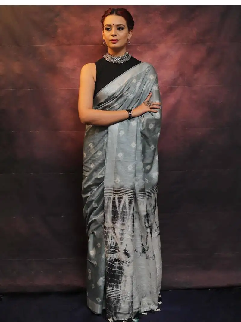 Handwoven grey cotton linen saree with shibori print