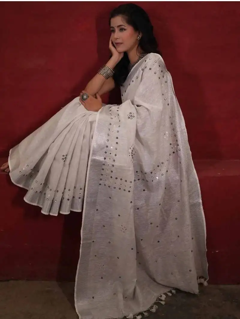 Handwoven white linen saree with mirror work