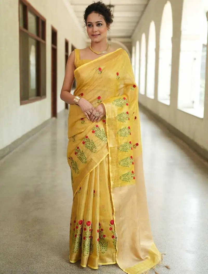 Handwoven yellow saree with embroidery work