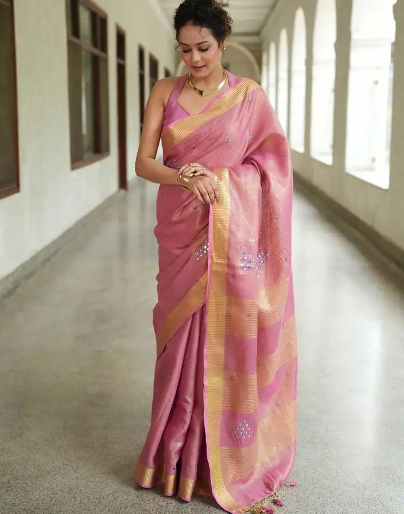 Handwoven pink tissue linen saree with mirror work