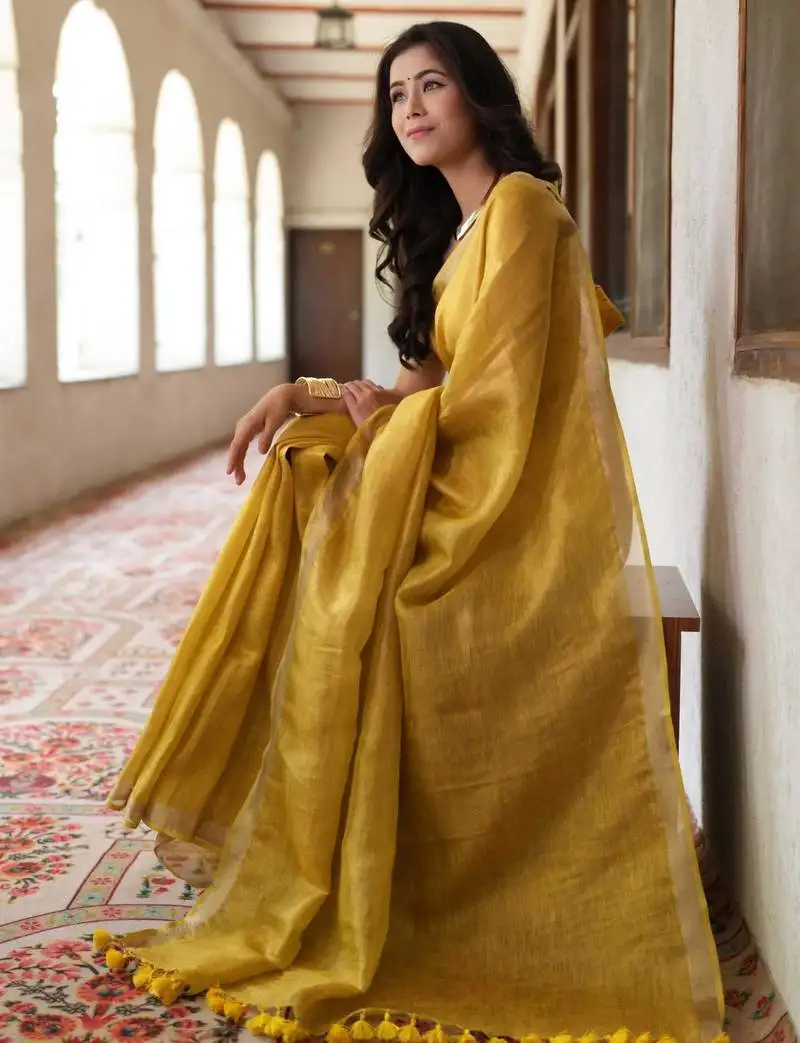 Handwoven gold tissue linen saree
