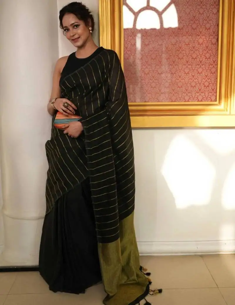 Black handwoven cotton linen saree