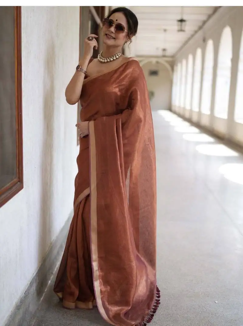 Handwoven copper tissue linen saree