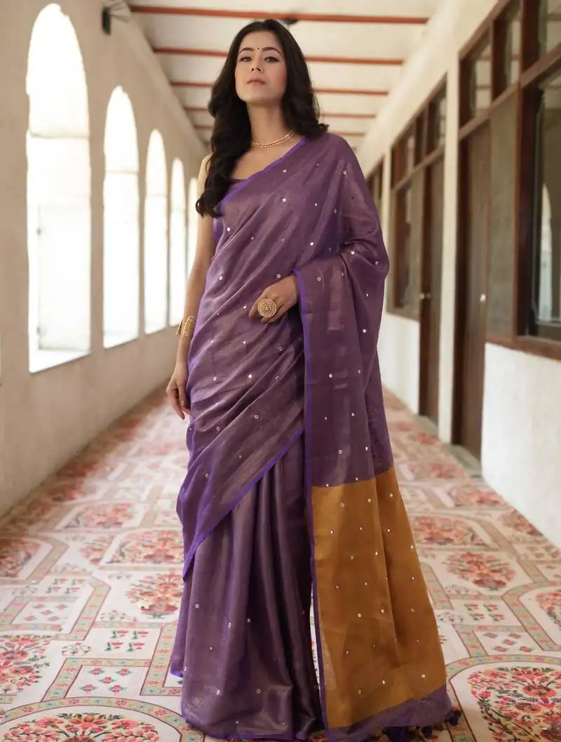 Handwoven purple tissue linen saree mirror work