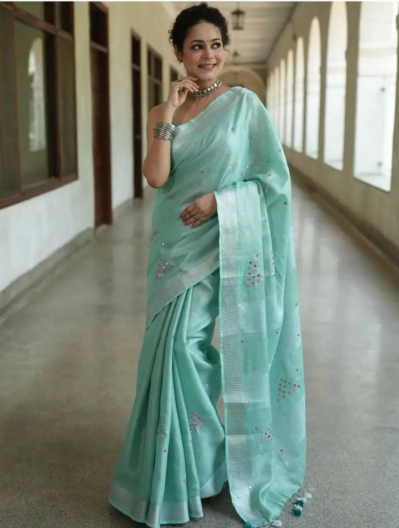 Handwoven blue tissue linen saree with embroidery work