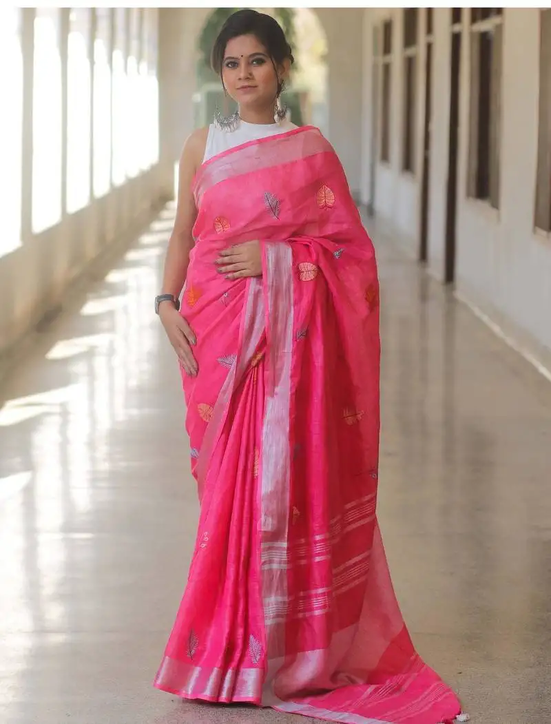 Pink handwoven pink embroidered linen saree