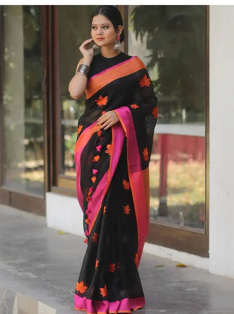 Black handwoven black linen saree with embroidery work