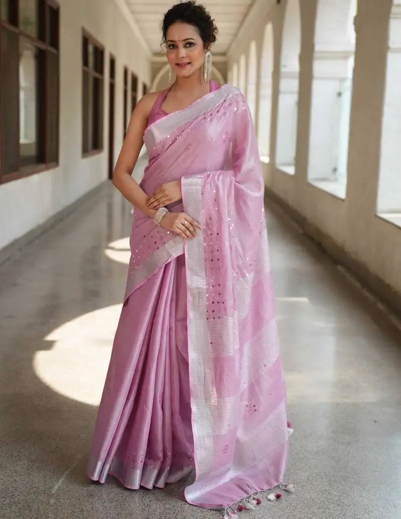 Handwoven lavendar tissue linen saree with mirror work