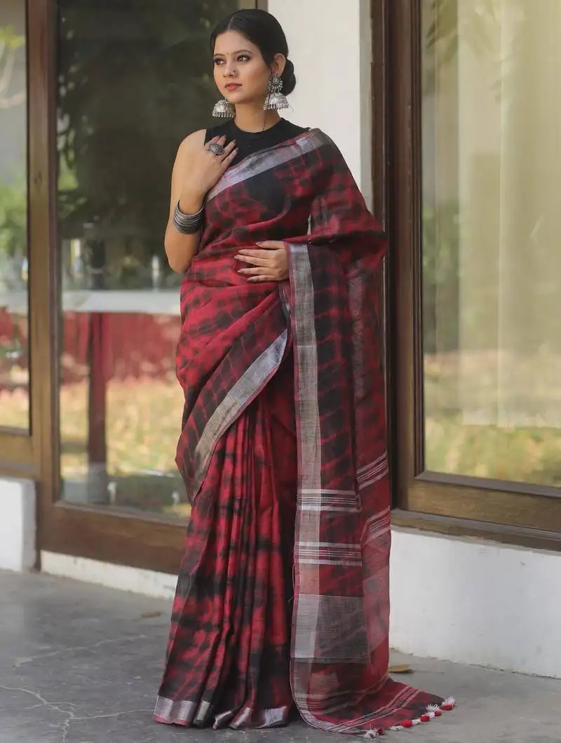 Red and black handwoven shibori print linen saree