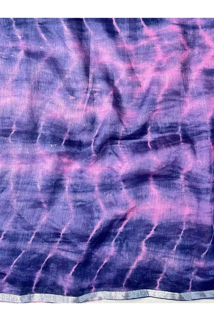 Blue and lavender handwoven shibori print linen saree