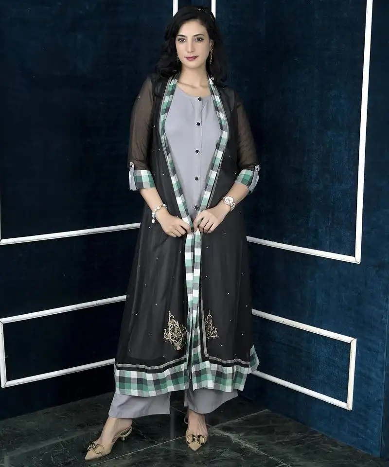 Black embroidered georgette jacket style kurta