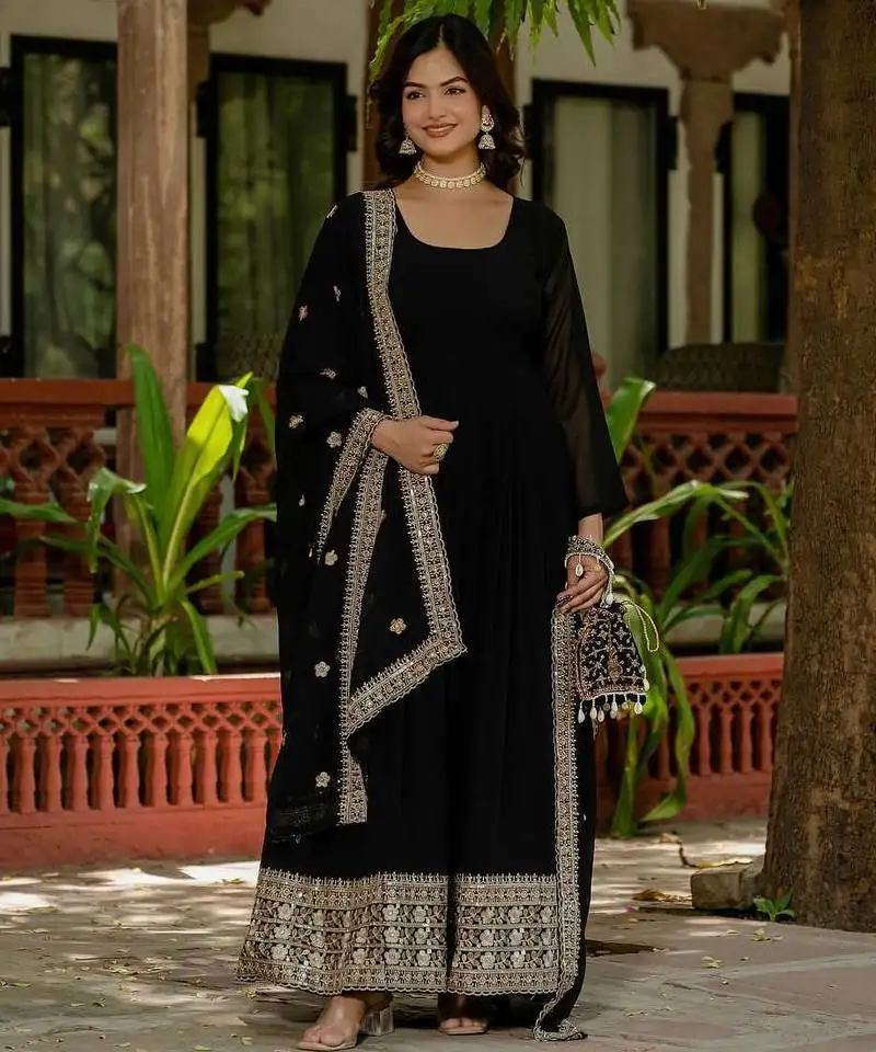 Black colour faux georgette embroidery work long gown stitched