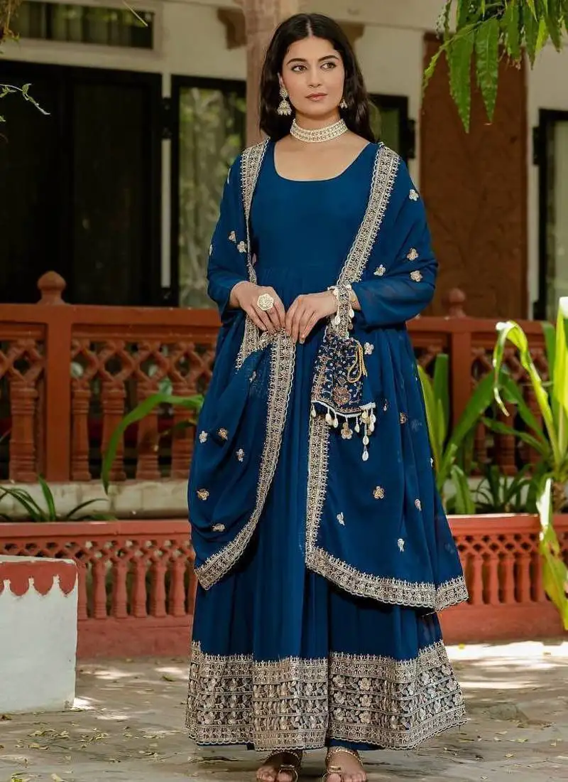 Blue colour faux georgette embroidery work long gown stitched