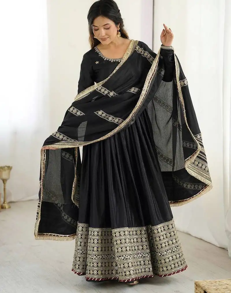 Black colour chinnon silk embroidery work long gown stitched